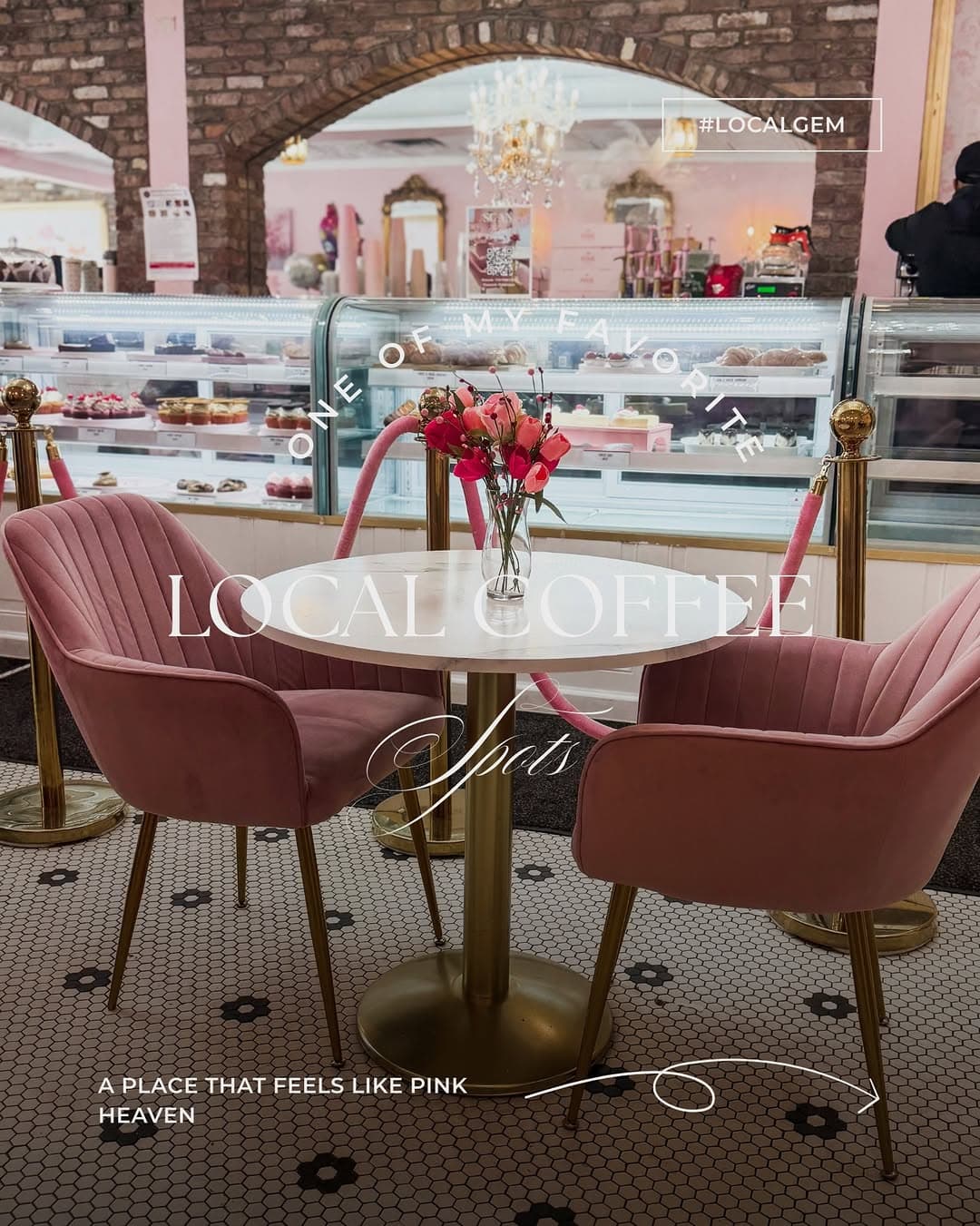 The Pink Cafe seating area with pastry display in background